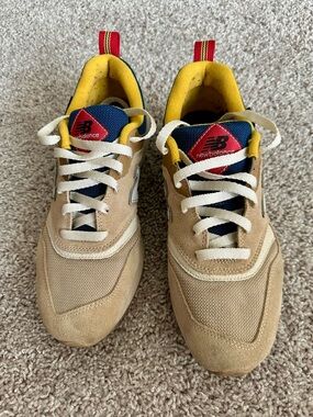 New Balance Men's Beige Suede & Mesh Sneakers with Yellow and Navy Accents